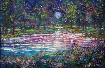 Landscapes Painting - moon woods stream garden decor scenery wall art nature landscape